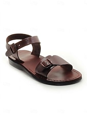 economico Sandali Piani-Sandali piatti da donna in pelle marrone con cinturino regolabile alla caviglia - classici sandali estivi con doppia fibbia per passeggiate e viaggi informali