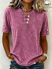 economico Bluse Semplici-softfade™ maglietta henley da donna 100% cotone stile vintage alla moda elegante maniche corte top lunghi casual spiaggia blu rosa grigio estate primavera