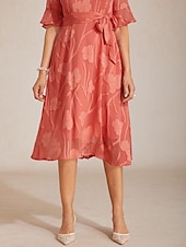  Dames Halflange jurk Chiffon jurk Elegant Dagelijks Bruiloft gast Afspraakje Normale pasvorm Bloemig Halve mouw V-hals Koraalrood