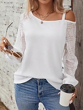  Dam Spets toppar Lappverk Knappar Ensfärgat Elegant Stylish Grundläggande Långärmad Asymmetrisk Vanliga toppar Ledigt Svart Vit Vår