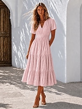  Mujer Vestido Midi Vestido de una línea Vestido de verano Vacaciones Fiesta Cumpleaños Diario Ajuste regular Plano Manga Corta Escote en Pico Azul Piscina Negro Blanco Rosa Verano Primavera