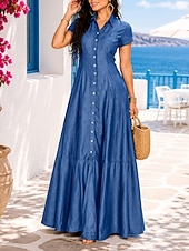 cheap Plain Dress-Women's Maxi Dress Sundress Vintage Vacation Regular Fit Pure Color Short Sleeve Shirt Collar Blue Light Blue Black Spring