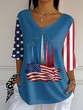  American Independence Day Women's Blouse Graphic Flag Vintage Tropical Stylish 3/4 Length Sleeve V Neck Regular Tops Daily Blue Black White Summer Spring Fall