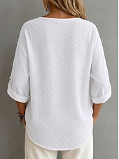 billige Enkle bluser-Dame Skjorte Chiffongoverdeler Jacquard Knapper Helfarge Årgang Stilfull 3/4 ermer Crew-hals Vanlige topper Avslappet Ut på byen Kakifarget Svart Hvit Sommer Vår