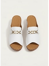 abordables Sandalias deslizantes-Sandalias metalizadas doradas para mujer: sandalias cómodas de punta abierta con detalle de cadena para uso casual y de verano.