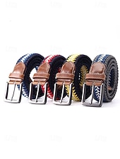 baratos Cintos Masculinos-Cinto masculino trançado elástico com ponteiras de couro e fivela de pino, casual e elegante, com ajuste regulável para homens maduros, ideal para uso diário e viagens.