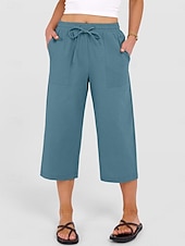 abordables jambe large et taille haute-Femmes Coton Pantalon capri Pantalons à jambes droites Mode Streetwear Occasionnel Longueur mollet Taille haute Uni Avec Poches Ceinture Élastique Confortable Doux Élastique Extérieur Vacances Rue