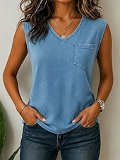  Camiseta sin mangas vintage para mujer 100% algodón - cómoda, suave, lavada, básica sin mangas con bolsillo