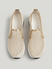 abordables Baskets femme-Baskets en maille dorée pour femme - chaussures compensées respirantes et confortables pour l'été et la marche au quotidien &amp; voyage