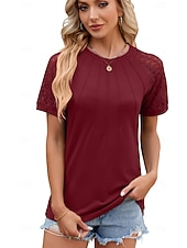 cheap Plain tee-Women's T Shirt Tee Top Lace Plain Elegant Stylish Short Sleeve Raglan Sleeves Round Neck Long Tops Casual Daily Black White Wine Sky Blue Summer Spring