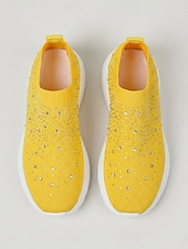 abordables Baskets femme-Baskets jaunes à strass pour femmes - chaussures respirantes en maille scintillante avec semelle EVA amortissante pour un usage quotidien et la marche &amp; voyage