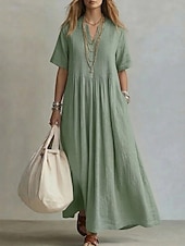 economico Vestito Semplice-abito lungo da donna elegante stile bohémien boho con pieghe, scollo a V, maniche corte, vestibilità ampia, tinta unita, blu chiaro, azzurro, giallo, verde chiaro, estate primavera