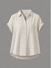 cheap Plain Blouses-Women's Shirt Button Up Buttons Striped Fashion Casual Short Sleeve Turndown Regular Tops Casual Apricot Summer Spring