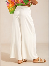 abordables Pantalons-pantalon large en satin blanc soyeux à taille élastique