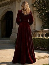 economico Abiti da Sera a Linea A-Abito da sera A-Line rosso nero blu in velluto elegante formale per matrimonio autunnale lungo fino al pavimento con maniche lunghe scollo a V tasca con spacco tasca