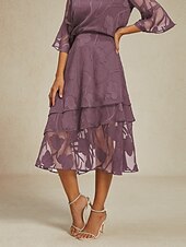  Damen Elegant Midi Mittlere Taille Röcke Blumenmuster Geschichtet Blumen Unelastisch Party Lässig Violett Purpur Sommer