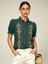 economico Bluse Eleganti-Per donna Camicia Blusa Arricciato Ricamato Stampato Floreale Vintage Elegante Manica Corta Manica a Balze Collo alla coreana Top Regolari Casuale Spiaggia Verde militare Rosso Blu marino Estate
