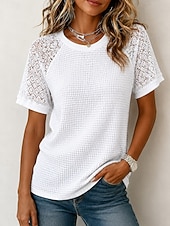 cheap Lace Tops-Women's Eyelet Top Lace Splicing Top Contrast Lace Lace Elegant Bohemia Stylish Short Sleeve Crew Neck Long Tops Casual Daily Going out Black White Gray Summer Spring