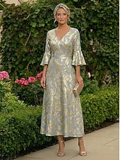 cheap Ankle Length-A-Line Ankle Length Tea Length Cocktail Dress Wedding Guest Dress Mother of the Bride Dress 3/4 Length Sleeve V Neck Elegant Formal Semi Formal Jersey with Floral Print Pleats