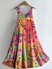 abordables Arte &amp; Diseño Vestidos-Mujer Vestido Midi Vestido bohemio Vestido de verano Vestido informal Vestido Étnico Elegante Bohemia Vacaciones Playa Festivos Cita Holgado Graphic Abstracto Sin Mangas Cuello Barco Amarillo Morado