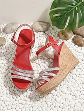 cheap Wedge Sandals-Women's Red Rhinestone Wedge Sandals - Sparkly Crystal Multi-Strap Platform Shoes with Cork Sole &amp; Ankle Buckle for Outdoor Vacations, Tropical Getaways &amp; Summer Parties