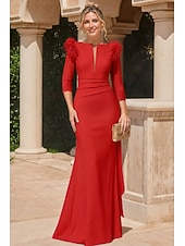 economico Abiti da Sera Sirena-Sirena Tromba Lunghezza al pavimento Abiti da Ballo Abito da Sera Da principessa Abito formale Elegante Manica 3/4 Scollo a V Formale Autunno Raso con Piuma Arricciato Volant