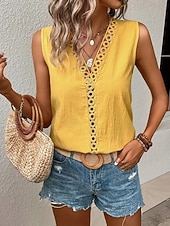 abordables Tanque Sencillo-Mujer Blusa Ribete de encaje Plano Vintage Elegante Casual Sin Mangas Escote en Pico Tops regulares Casual Diario Amarillo Verano Primavera