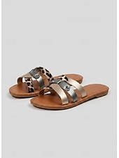 cheap Slide Sandals-Women's Snake Print Strappy Sandals with Metallic Accents - Casual Flat Summer Sandals for Beach and Everyday Wear