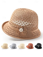 baratos Chapéus Femininos-Chapéu bucket feminino dobrável em poliéster respirável – chapéu de sol de verão com flor decorativa e pérola, multicolorido, elegante para uso externo, jardim, praia e férias.