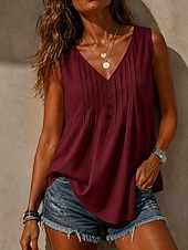 cheap Plain Tank-Women's Shirt Summer Shirt Blouse Ruched Buttons Plain Stylish Classic Modern Sleeveless V Neck Regular Tops Daily Holiday Going out Khaki White Yellow Red Navy Blue Summer Spring