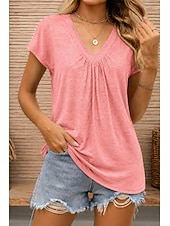 billiga Enkel t-shirt-Dam T-shirt T-tröja Ensfärgat Elegant Mode Ledigt Kortärmad V-hals Crop Tops Ledigt Dagligen Sommar Vinrött Blågrön Svart Vit Rodnande Rosa Sommar Vår
