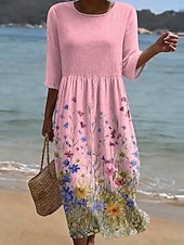 preiswerte Weißes Kleid-Ostern Damen Midikleid Sommerkleid Urlaub Lässig Boho Ferien Lässiger Schnitt Blumen Grafik Halbarm Rundhalsausschnitt Blau Gelb Rosa Violett Sommer Frühling