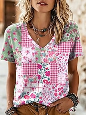 economico T-shirt floreale-Per donna Maglietta Stampato Floreale Grafico Elegante Classico Casual Manica Corta Scollo a V Top Regolari Casuale Quotidiano Rosa Marrone Estate Primavera
