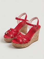cheap Wedge Sandals-Women's Vibrant Red Wedge Sandals - Retro Cross-Strap Platform Shoes with Cork Texture Sole &amp; Adjustable Buckle for Outdoor Vacations, Tropical Cruises &amp; Summer Parties