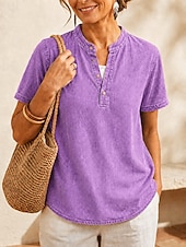 cheap Plain Blouses-SoftFade™ Women's 100% Cotton Henley Shirt Solid Color Vintage Fashion Stylish Short Sleeve V Neck Regular Tops Casual Beach Blue Khaki Black Purple Orange Summer Spring