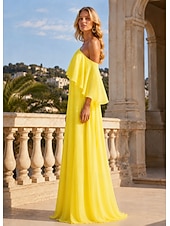 cheap Long Dresses &amp; Gowns-A-Line Floor Length Prom Dresses Elegant Sleeveless One Shoulder Formal Wedding Guest Stretch Chiffon with Ruffles Slit