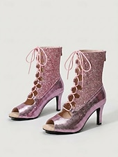 baratos Sapatos de Dança Latina-Botas de dança latina femininas vermelhas com glitter – sapatos de salto alto com cadarço e bico aberto para salsa e dança de salão. &amp;dança de tango