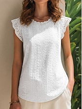 cheap Plain tee-Women's Eyelet Embroidery T Shirts Tee Top Lace Trims Elegant Stylish Short Sleeve Cap Sleeve Crew Neck Long Tops Casual Going out Vacation Wear Teal Black White Pink Sky Blue Summer Spring