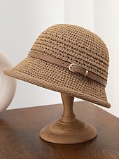 baratos Chapéus Femininos-Chapéu bucket feminino em poliéster trançado com cinto de couro, chapéu de sol leve para o verão, ideal para férias, praia, uso casual ao ar livre e dia a dia.