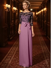cheap Floor Length-Sheath Column Floor Length Wedding Guest Dress Formal Dresses Evening Gown Mother of the Bride Dress 3/4 Length Sleeve Jewel Neck Elegant Wedding Guest Satin Lace with Bow(s)