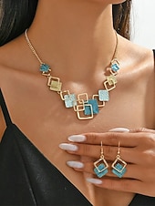 cheap Women's Necklace-Women's Bohemian Geometric Square Jewelry Set, Gold Alloy Enamel Necklace &amp; Drop Earrings, Colorful Modern Statement Accessories for Vacation, Travel and Daily Casual Wear