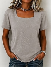 billiga Enkel t-shirt-Dam T-shirt T-tröja Strass Ensfärgat Mode Stylish Klassisk Kortärmad Fyrkantig hals Vanliga toppar Ledigt Dagligen Utekväll Svart Vit Brun Grå Sommar Vår