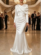 cheap Mermaid Evening Dresses-Mermaid Trumpet Floor Length Evening Gown Elegant Empire Waist Evening Long Sleeve High Neck Evening Party Wedding Stretch Satin with Pleats Solid Color