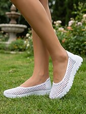 お買い得  レディーススニーカー-女性用ホワイト通気性メッシュスリッポンウォーキングシューズ - 一日中履ける軽量で快適なカジュアルフラットスニーカー、普段使い、旅行にも最適 &amp;アウトドアアクティビティ