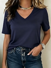 billige Plain t-skjorte-Dame T skjorte T-skjorter T-skjorte Grafisk عادي Stilfull Klassisk Kortermet V-hals Vanlige topper Avslappet Strand Høst Blå Svart Rosa Militærgrønn Navyblå Sommer Vår