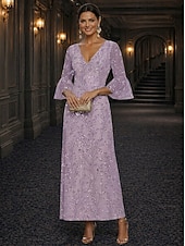 baratos Comprimento do tornozelo-Linha A Vestidos Longo Até o Tornozelo Vestido Coquetel Vestido Para Mãe dos Noivos Manga Longa Decote V Elegante Luxuoso Brilho &amp; Glitter Formal Convidado do casamento Semi formal Renda com Miçangas