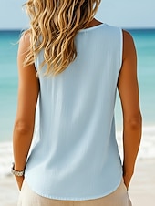  Women's  Vintage Cotton Linen Vest Texture Buttons Solid Color Sleeveless Crew Neck Regular Tops White Green Light Blue Summer Spring