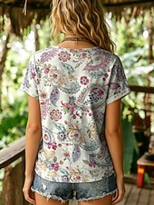 cheap Boho tee-Women's T Shirt Print Graphic Paisley Stylish Classic Casual Short Sleeve V Neck Regular Tops Casual Daily White Green Summer Spring
