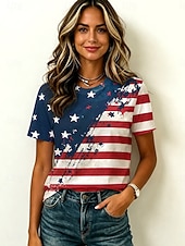  Amerikan itsenäisyyspäivä Naisten T-paita Painettu Kuvitettu Amerikan lippu Vintage Tyylikäs Vapaa-aika Lyhythihainen Tiukka pyöreä kaula-aukko Tavalliset topit Kausaliteetti Päivittäin Viikonloppu