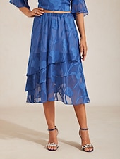  Damen Elegant Midi Mittlere Taille Röcke Blumen Geschichtet Elastischer Bund Illusionsspitze Dehnbar Täglich Valentinstag Wedgewood Sommer